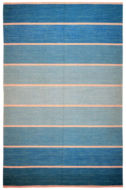 Kelim rug with a blue background and beige horizontal stripes, rectangular