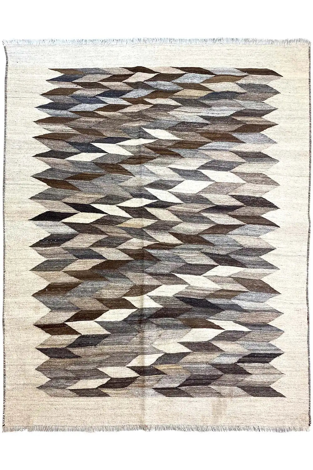 Kilim Qashqai rug 207x145 cm with a geometric diamond pattern, light beige and dark brown, fringes
