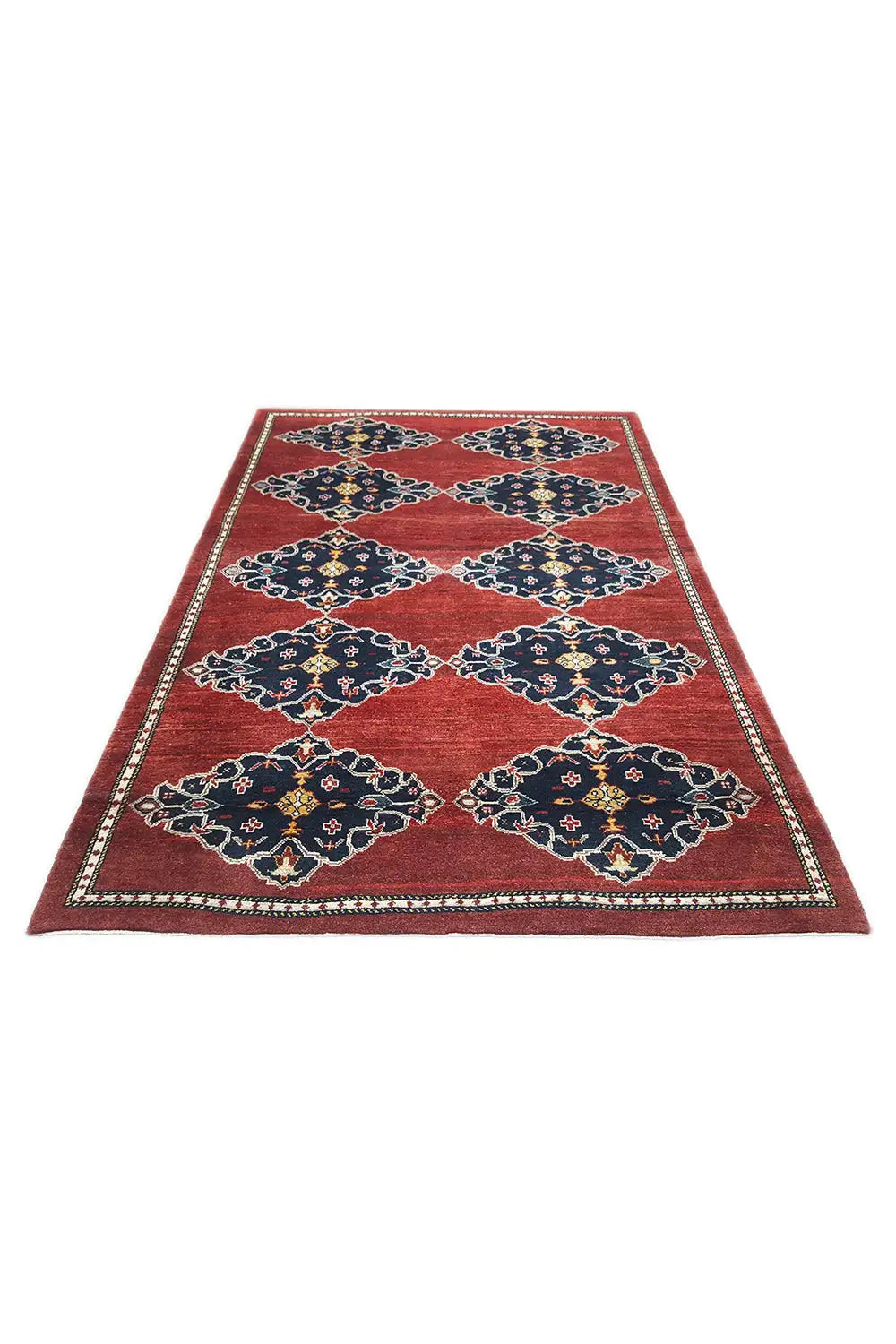 Rug with a red background, yellow and blue ornaments, and a border trim, rectangular