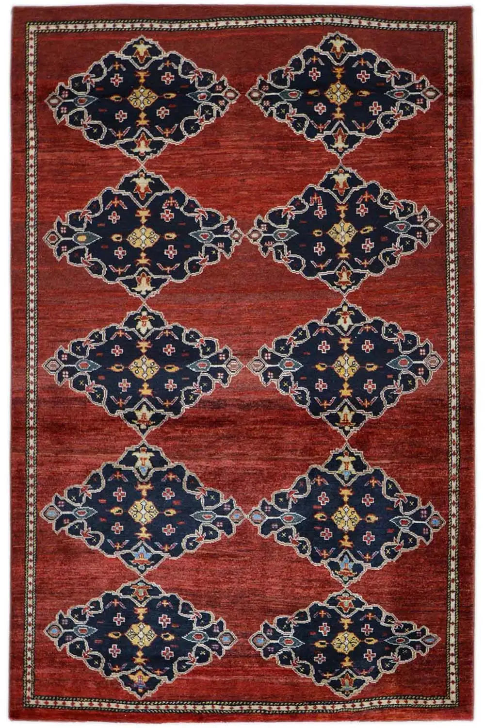 Gabbeh rug with a red ground and blue-and-white medallion motifs, rectangular