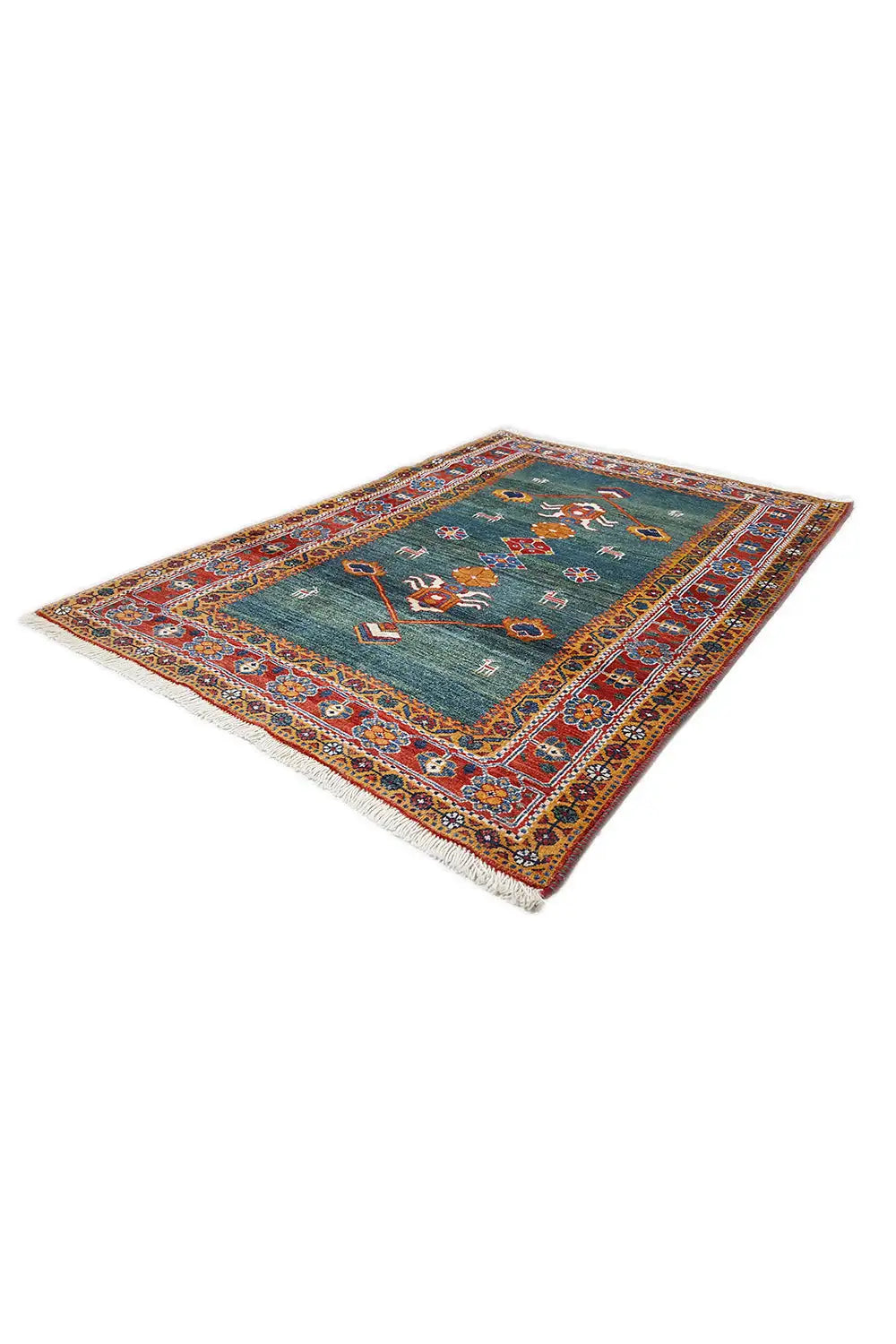 Gabbeh rug 162x110 cm with a petrol-green field and red ornamental border