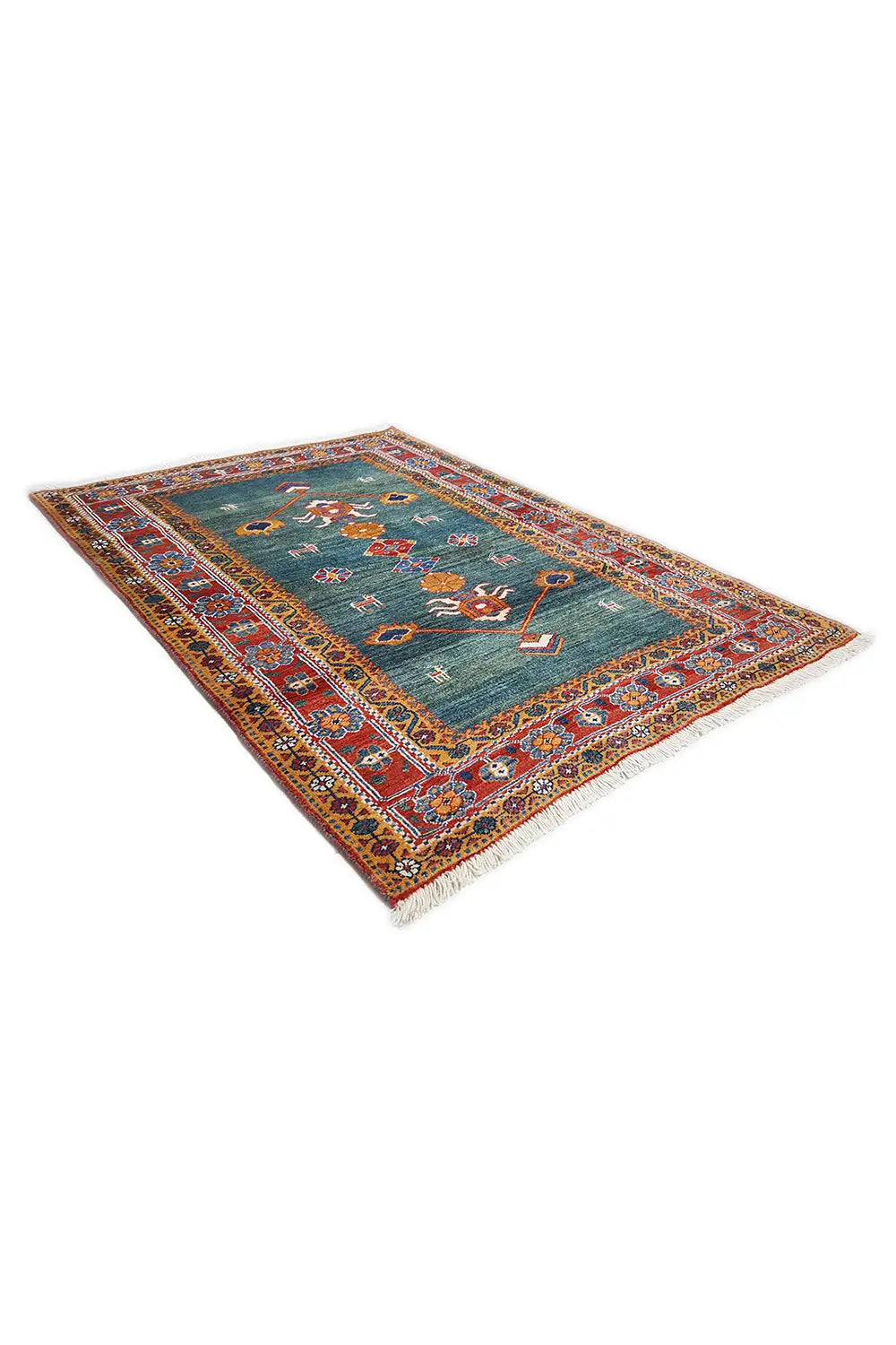 Gabbeh rug with a teal field, red ornamental border, and white fringes