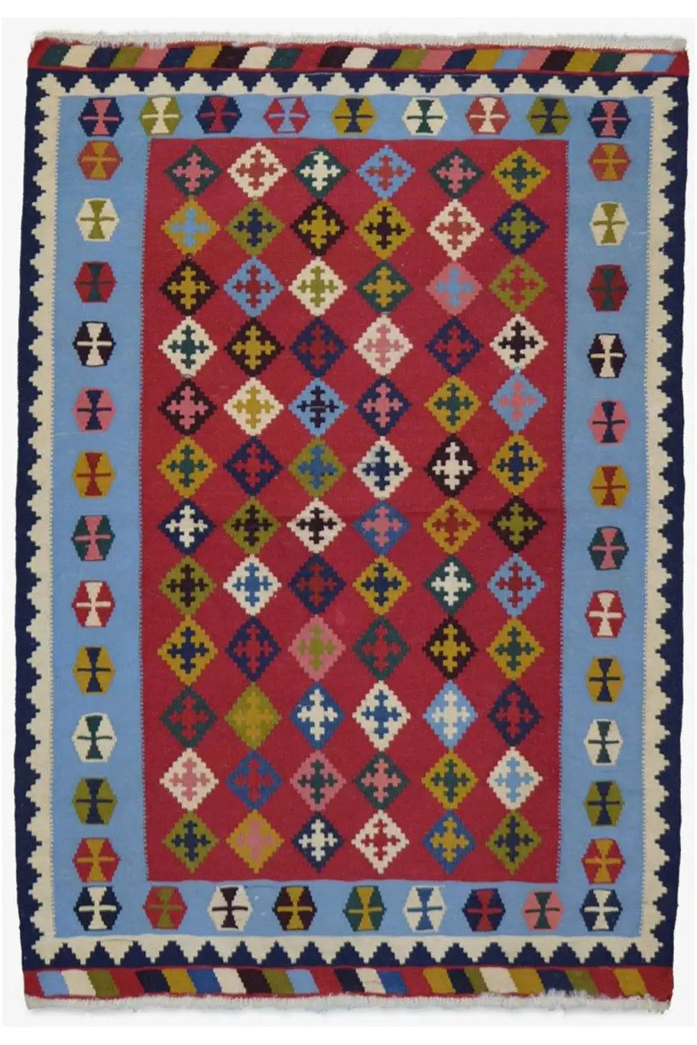 Rectangular kilim rug with diamond and diagonal patterns, multicolored with dark blue borders