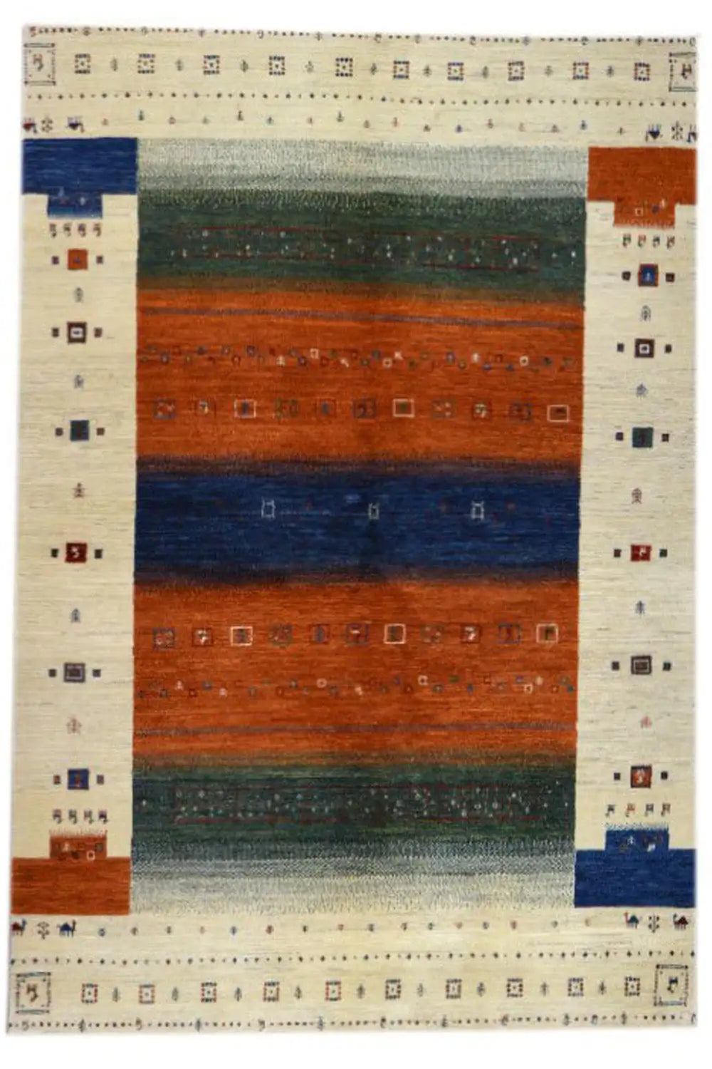 Gabbeh rug 246x168 cm, cream-colored border with small squares