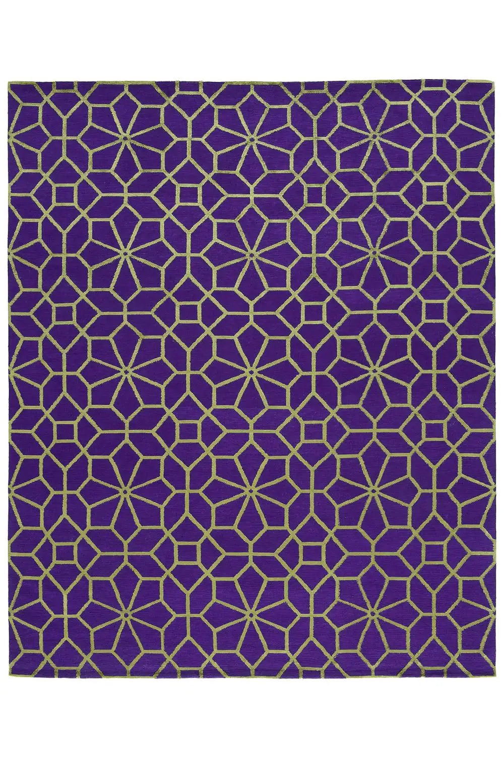 Designer rug, rectangular, purple surface with a geometric grid in yellow-green