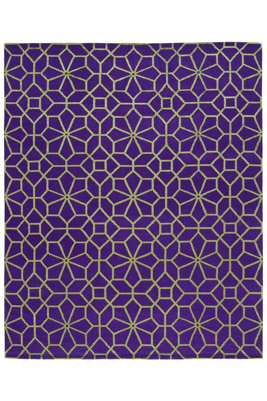 Designer rug, rectangular, purple surface with a geometric grid in yellow-green