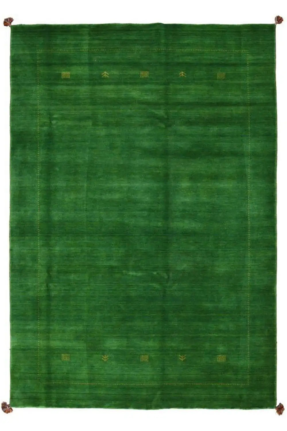 Green Gabbeh rug, front view with a subtle border and corner tassels
