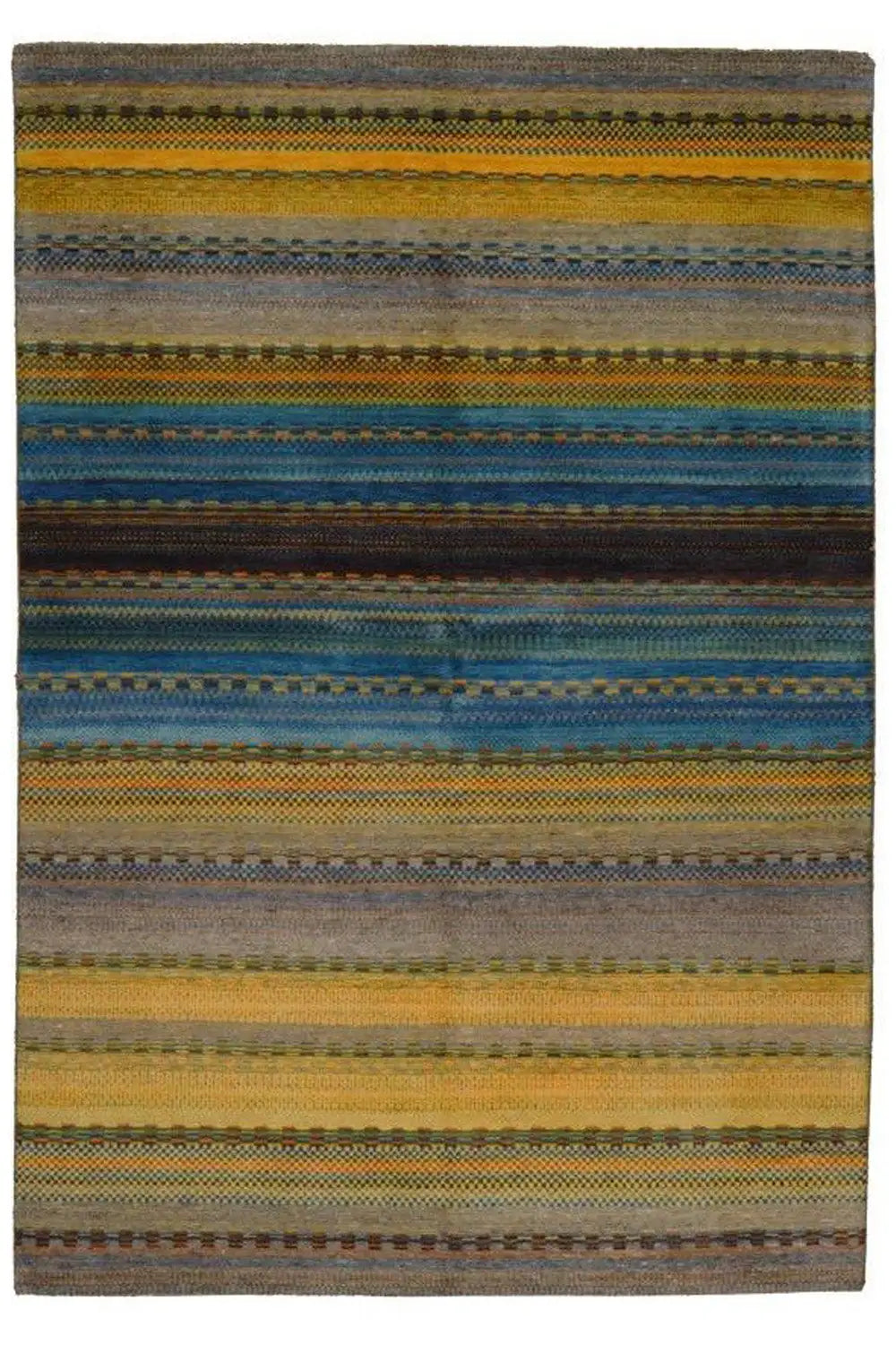 Gabbeh rug, lying flat, horizontal stripes in blue, yellow, and gray