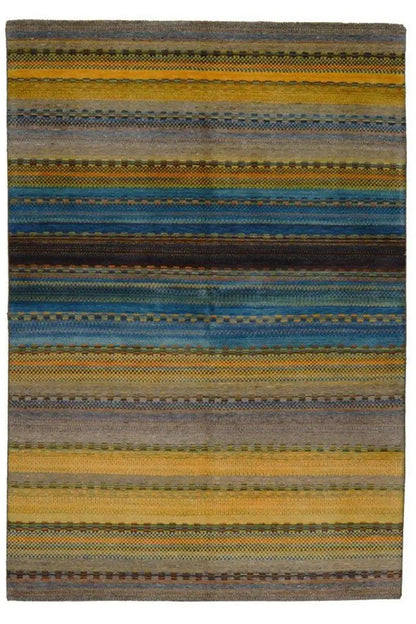 Gabbeh rug, lying flat, horizontal stripes in blue, yellow, and gray