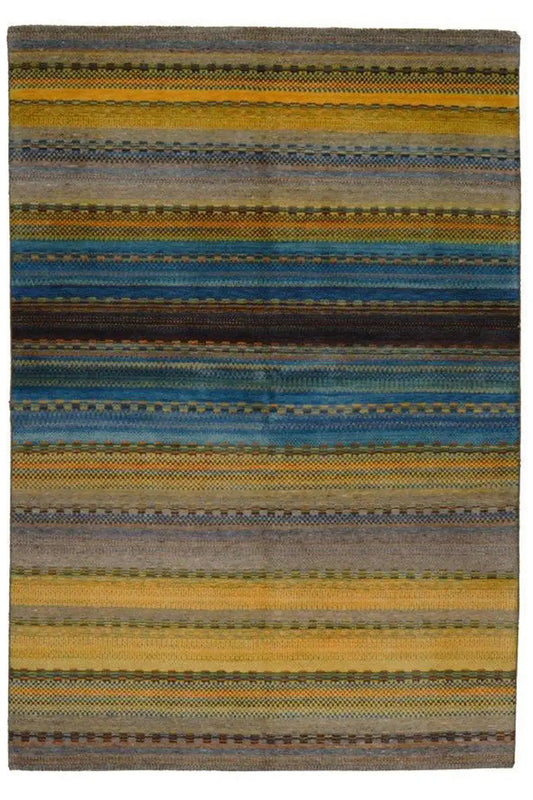 Gabbeh rug, lying flat, horizontal stripes in blue, yellow, and gray