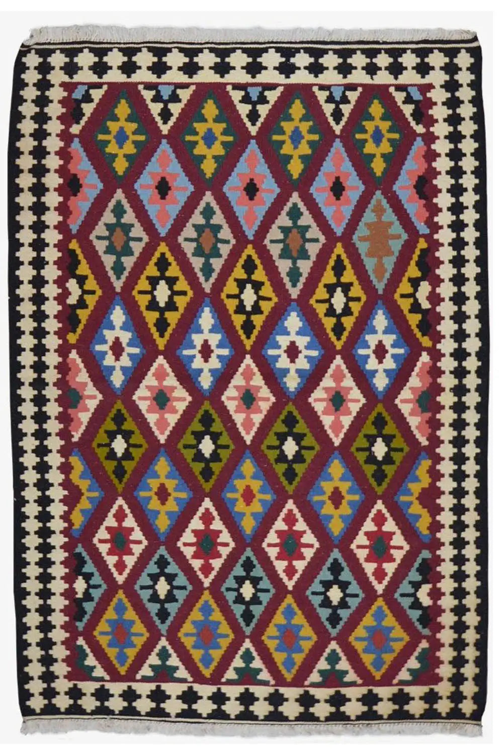 Kilim rug with a symmetrical diamond and cross pattern, multicolor on a light background
