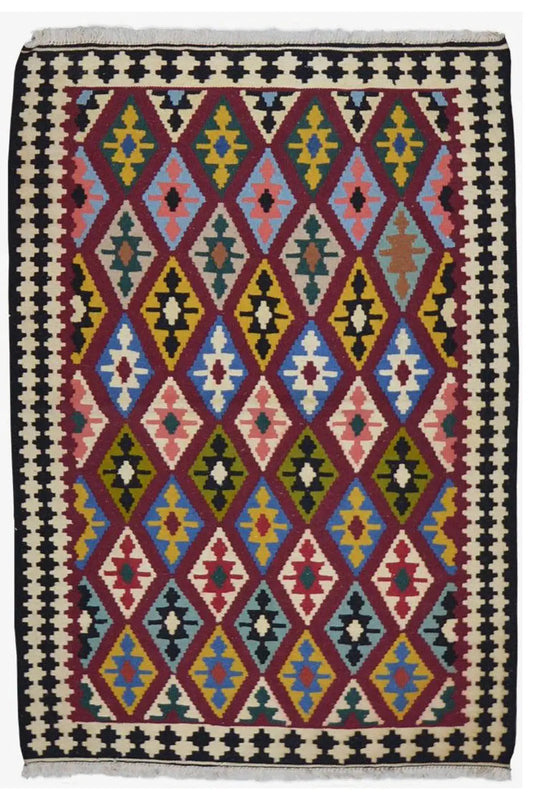 Kilim rug with a symmetrical diamond and cross pattern, multicolor on a light background