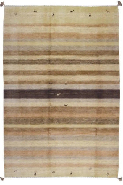 Gabbeh rug viewed from the front: beige background, brown stripes, and tassels at the corners