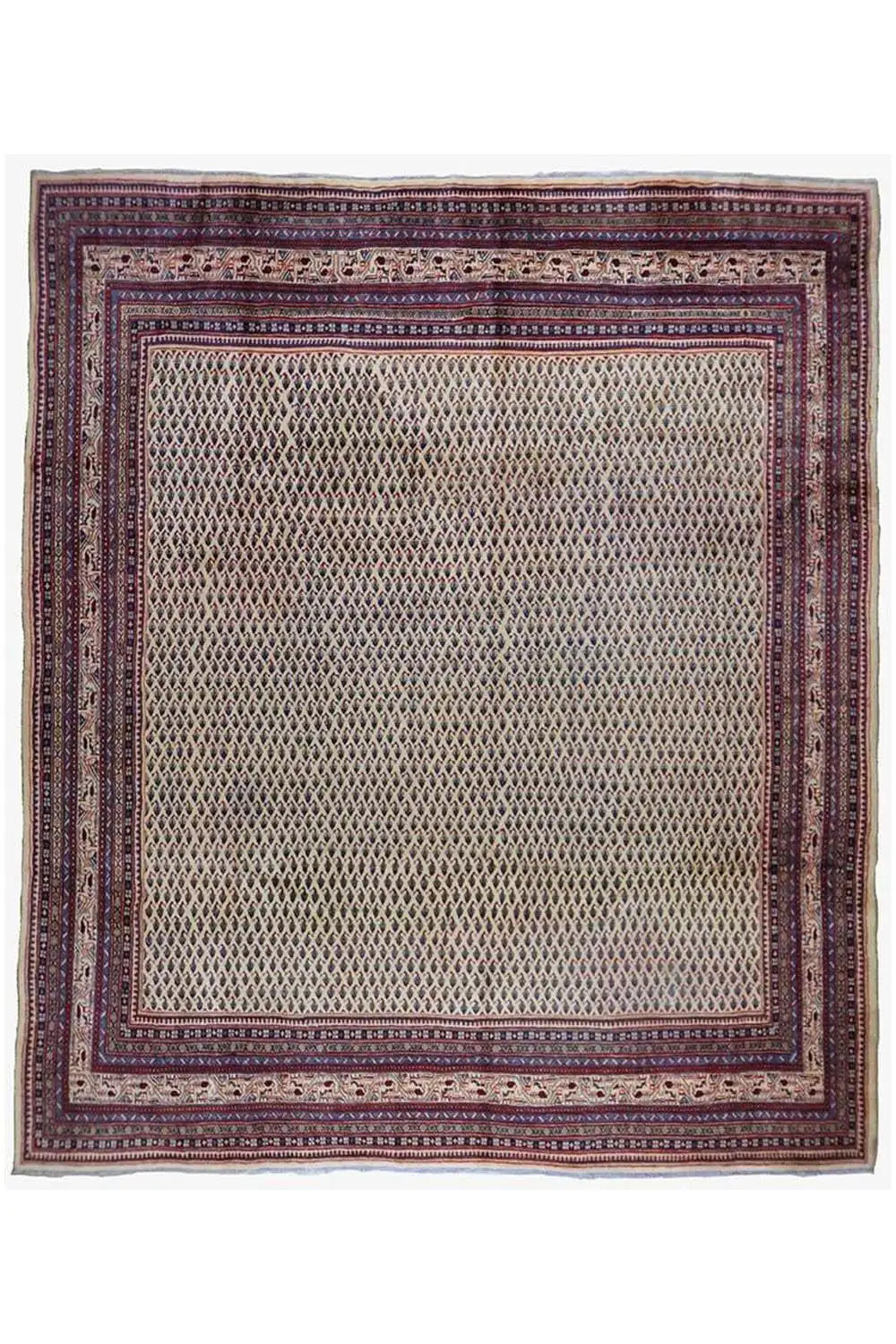 Rug with a square medallion and borders in blue, red, and beige