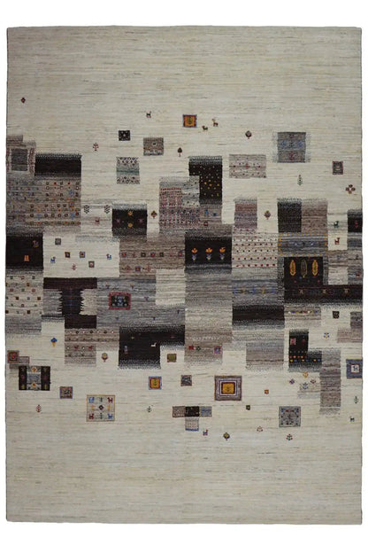Gabbeh-Lori rug front view: flat pattern of squares in beige and dark gray