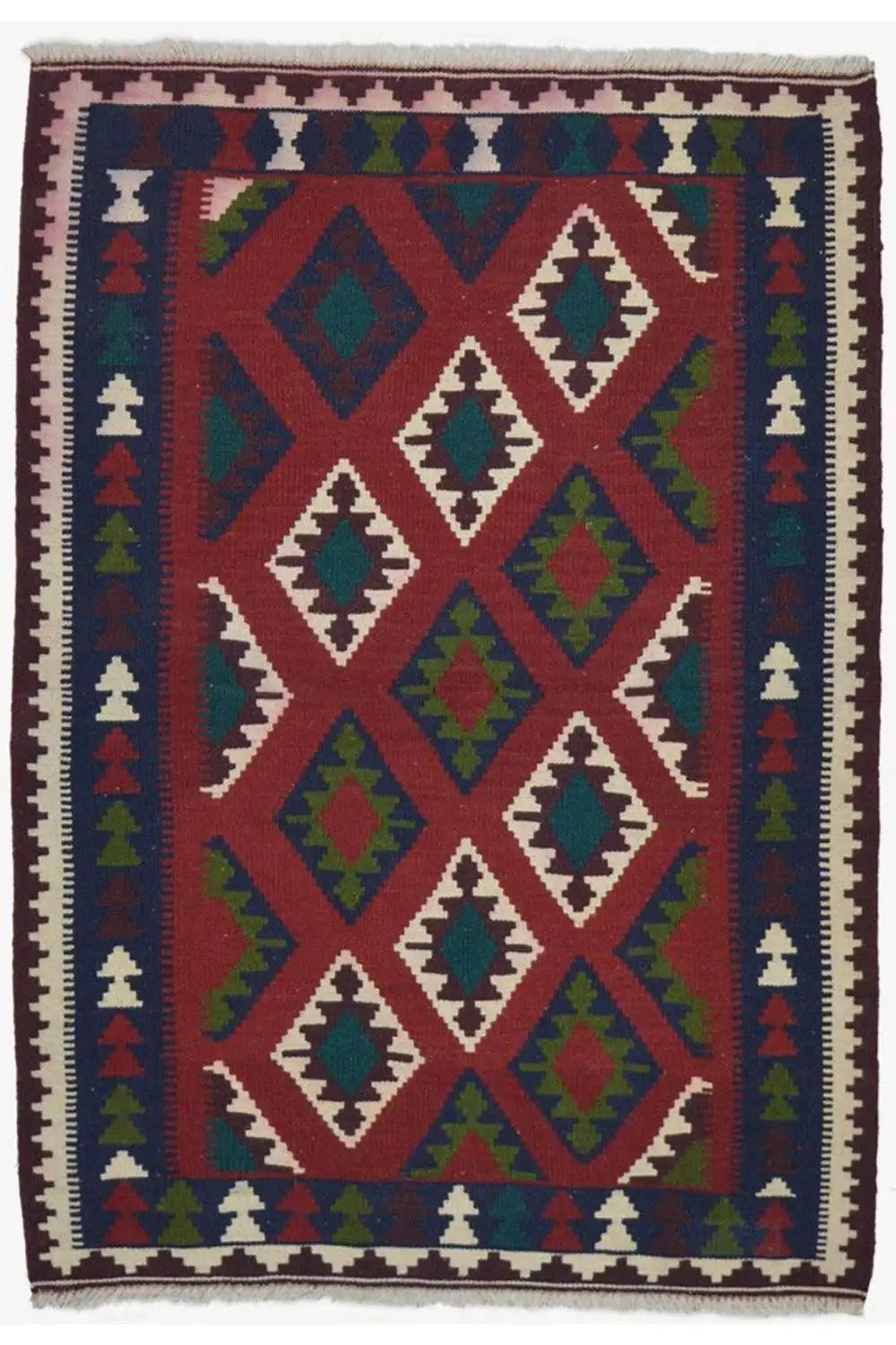 Rectangular Qashqai kilim rug with a central motif and border, multicolored