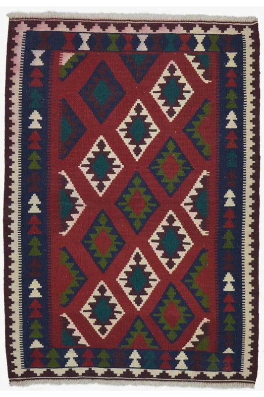 Rectangular Qashqai kilim rug with a central motif and border, multicolored