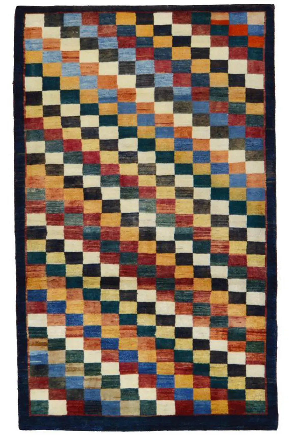 Gabbeh rug “Lori” square rug design with colorful checks and a dark blue border