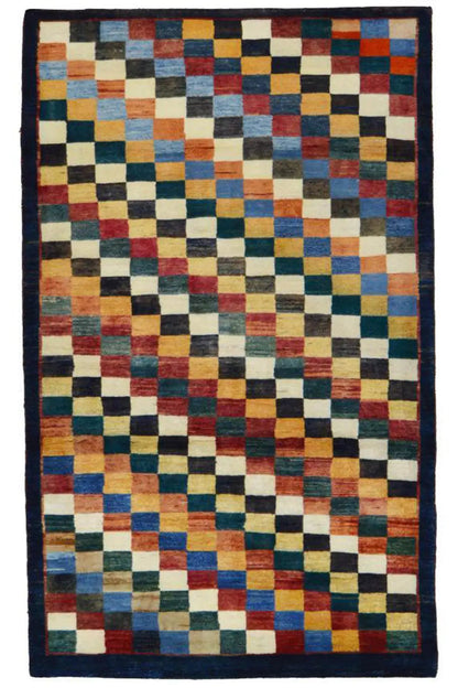 Gabbeh rug “Lori” square rug design with colorful checks and a dark blue border