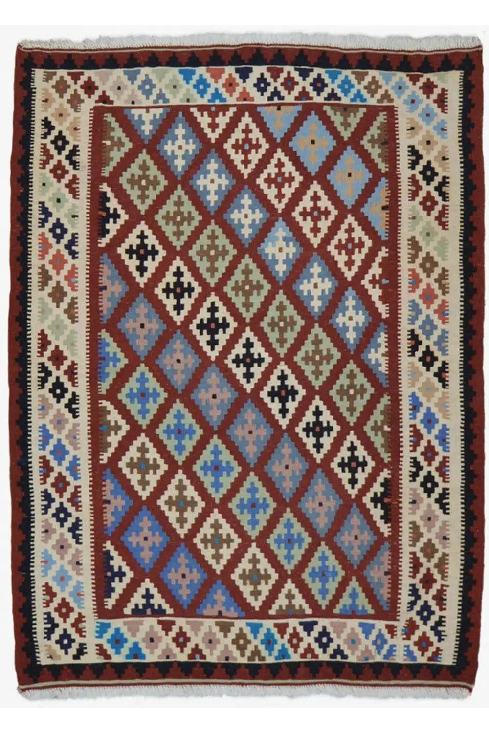 Rectangular kilim rug with diamond patterns in blue, red, and beige