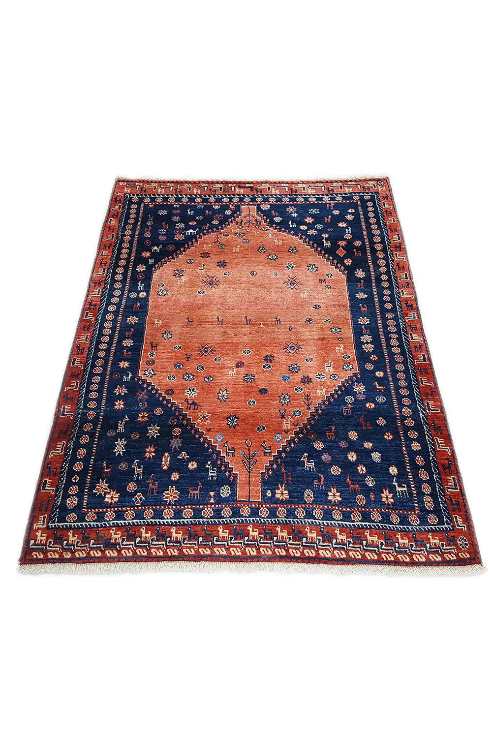 Oriental rug with a blue border and orange central medallion in a geometric pattern