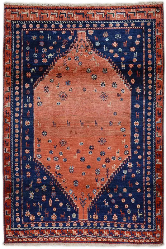 Oriental rug 177x121 cm with blue-orange geometric pattern and border