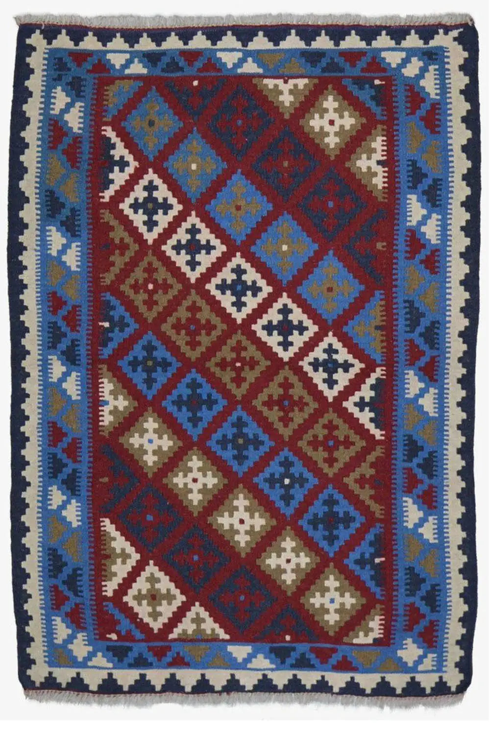 Kilim rug with a symmetrical diamond design in red, blue, beige, and cream