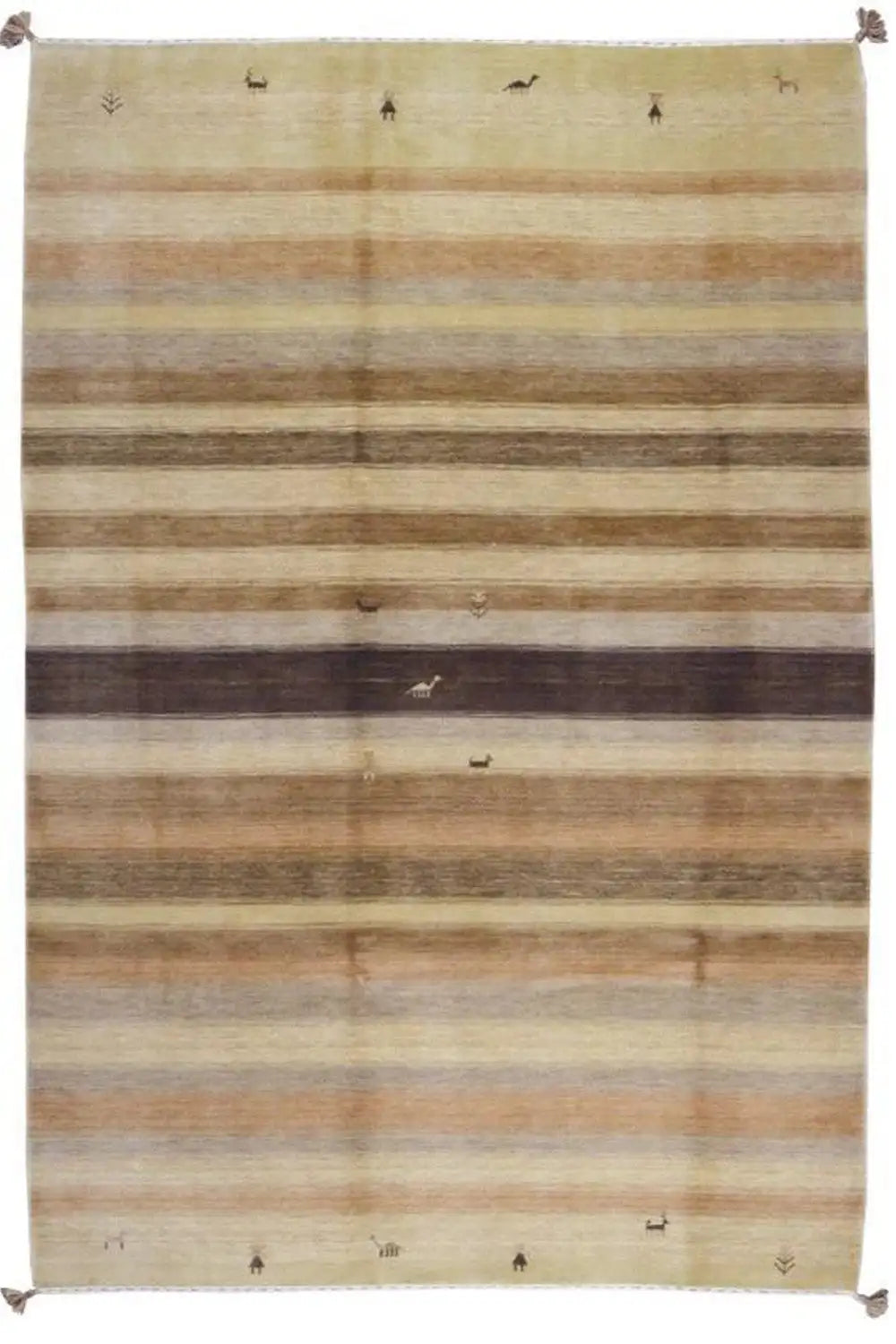Gabbeh rug full view: horizontal stripes in beige and brown, border with tassels.