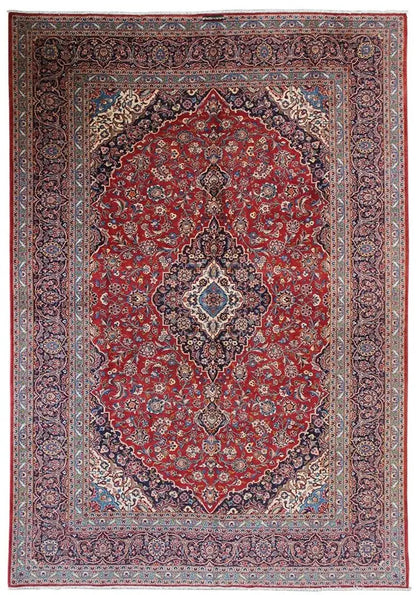 Red Keshan oriental rug with medallion pattern and blue border, rectangular