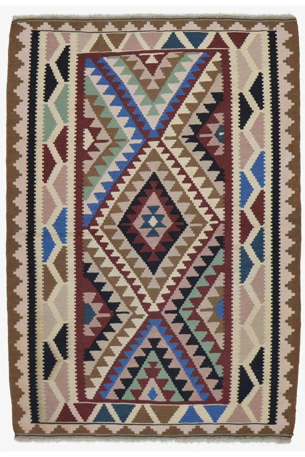 Kilim rug with a symmetrical pattern, diamonds, and zigzags in brown/beige