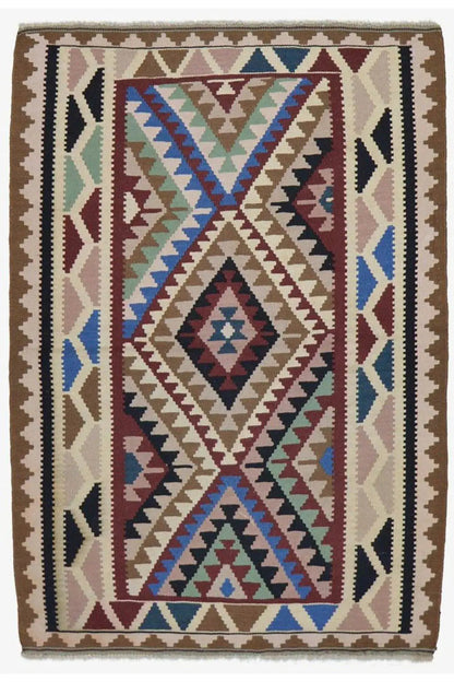 Kilim rug with a symmetrical pattern, diamonds, and zigzags in brown/beige