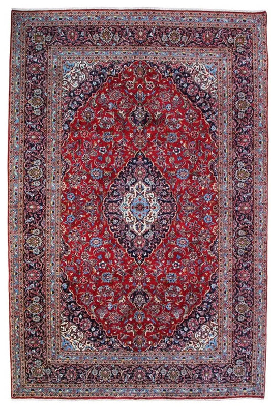 Red Keshan carpet with medallion and muted blue border, 353x247 cm