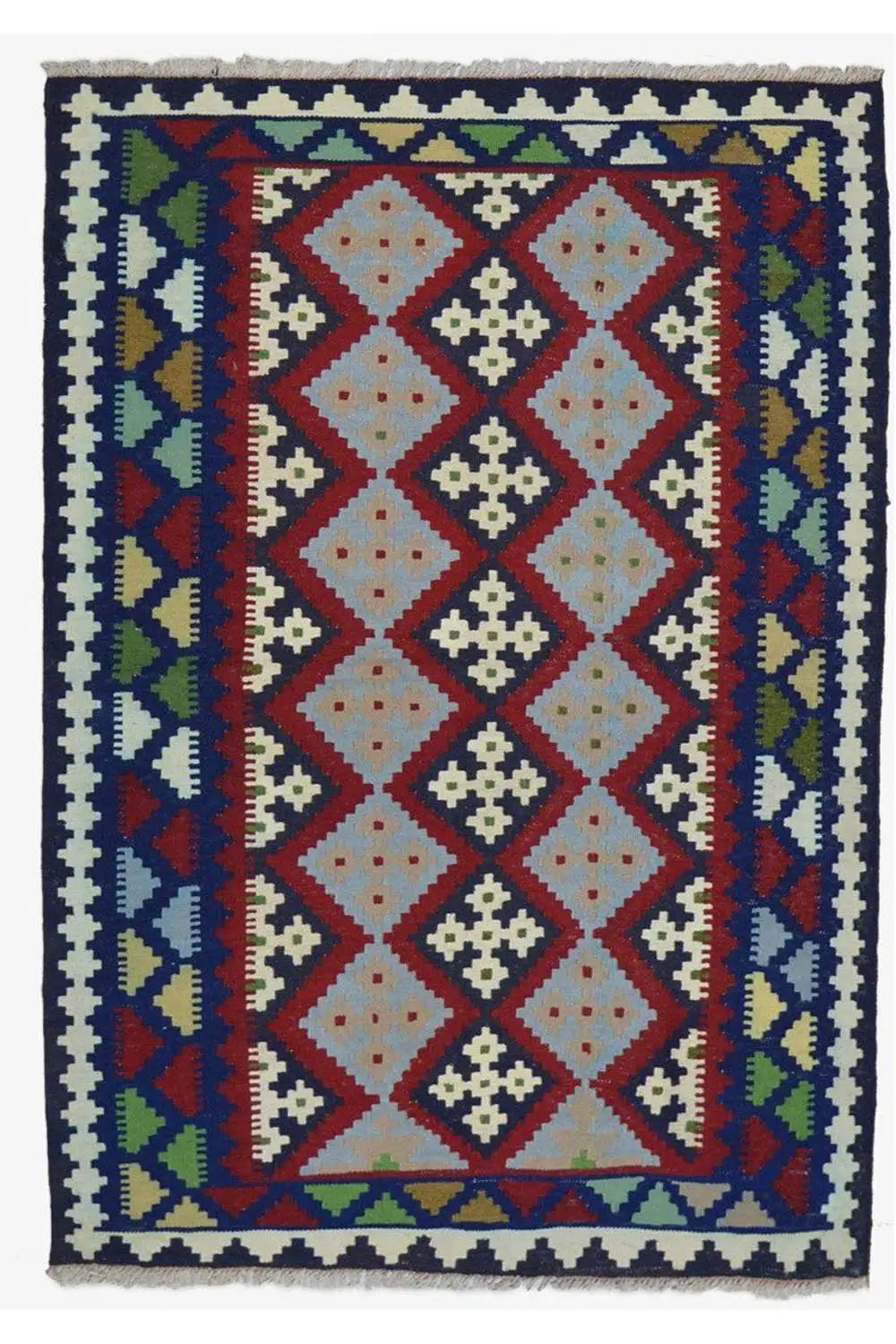 Colorful kilim rug with diamond and border patterns, rectangular, with fringes.