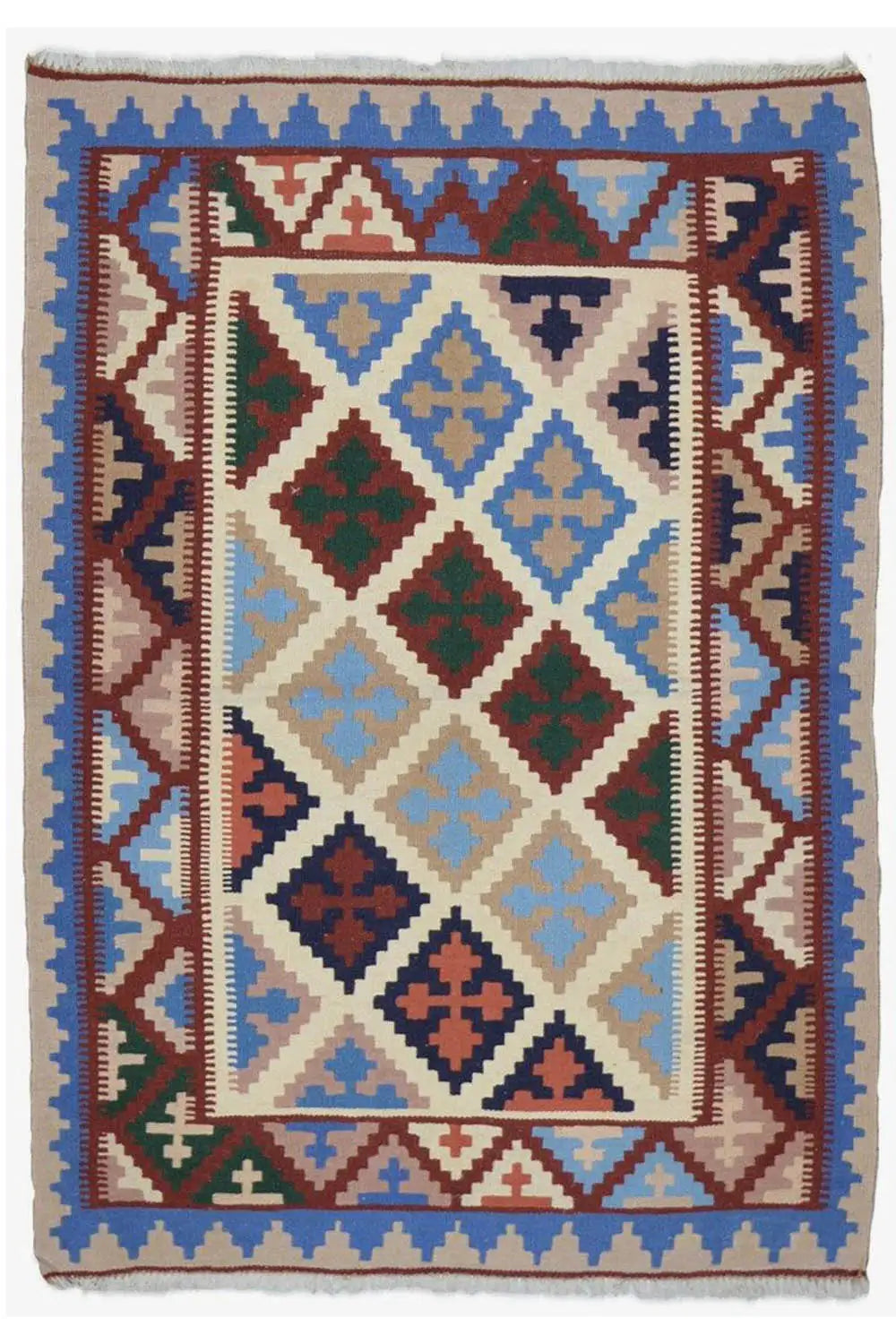Rectangular kilim rug with a multicolored geometric pattern and fringes on the sides
