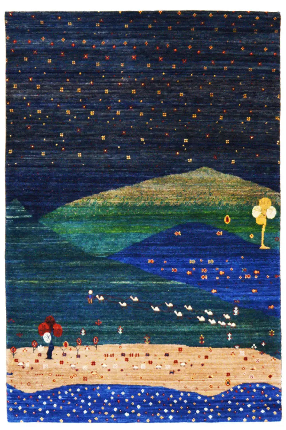 Rug with a landscape motif in blue, green, and beige, with floral and dot elements along the edge
