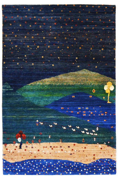 Rug with a landscape motif in blue, green, and beige, with floral and dot elements along the edge