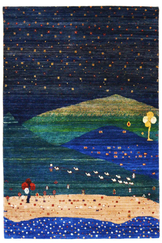Rug with a landscape motif in blue, green, and beige, with floral and dot elements along the edge