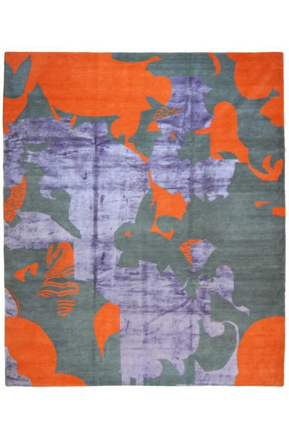 Designer rug: square pattern in gray, purple, and orange with hamsa figures