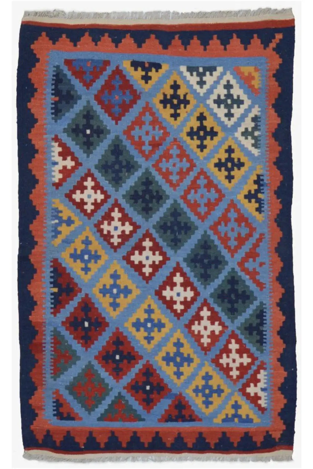 Multicolored kilim rug with diamond and cross pattern, surrounding decorative border