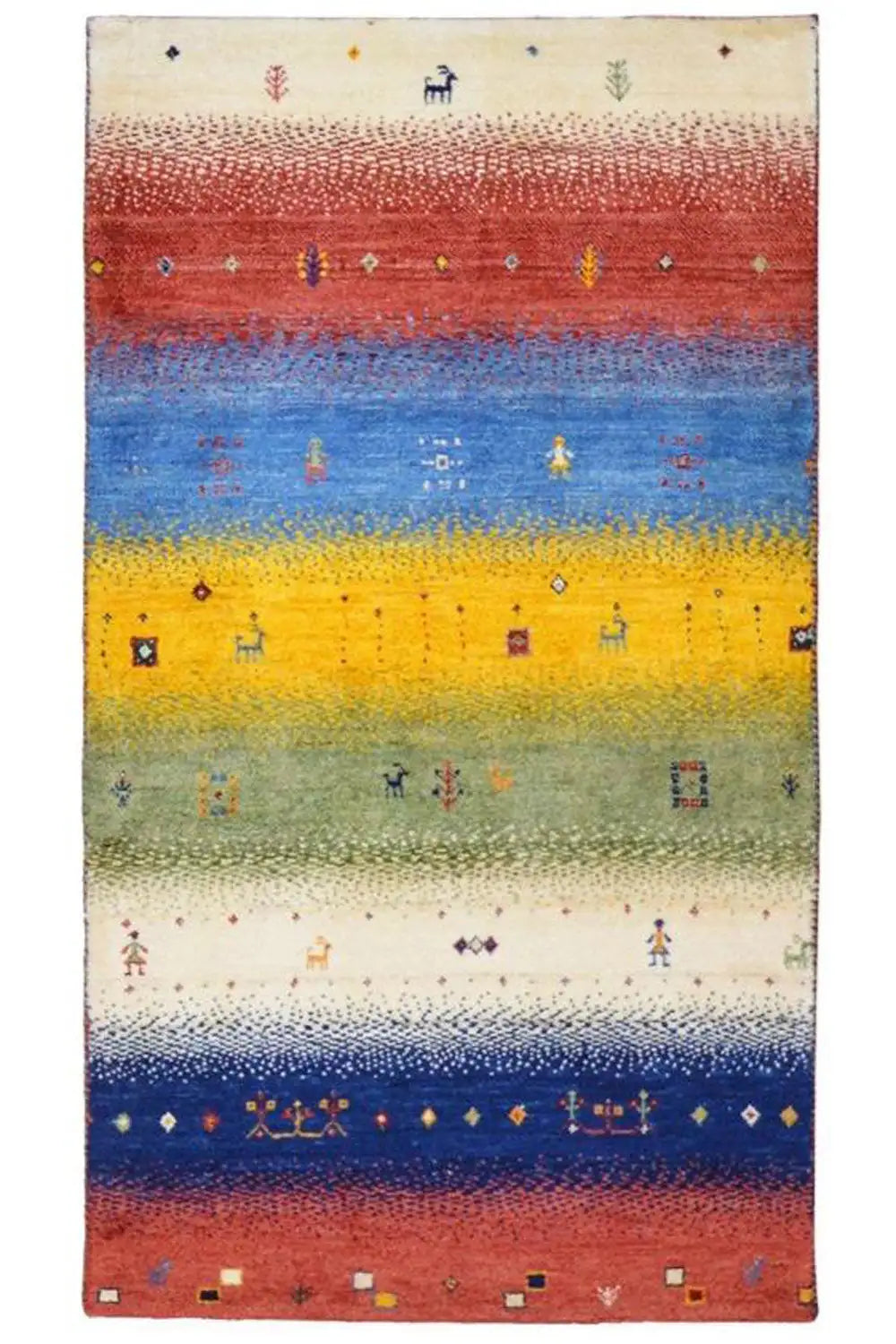 Gabbeh rug, rectangular: horizontal stripes in red, blue, yellow, and cream.