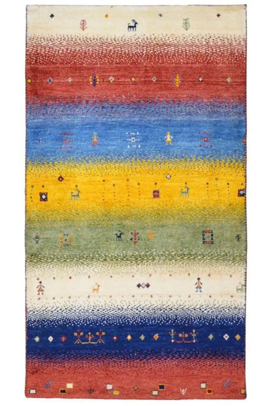 Gabbeh rug, rectangular: horizontal stripes in red, blue, yellow, and cream.