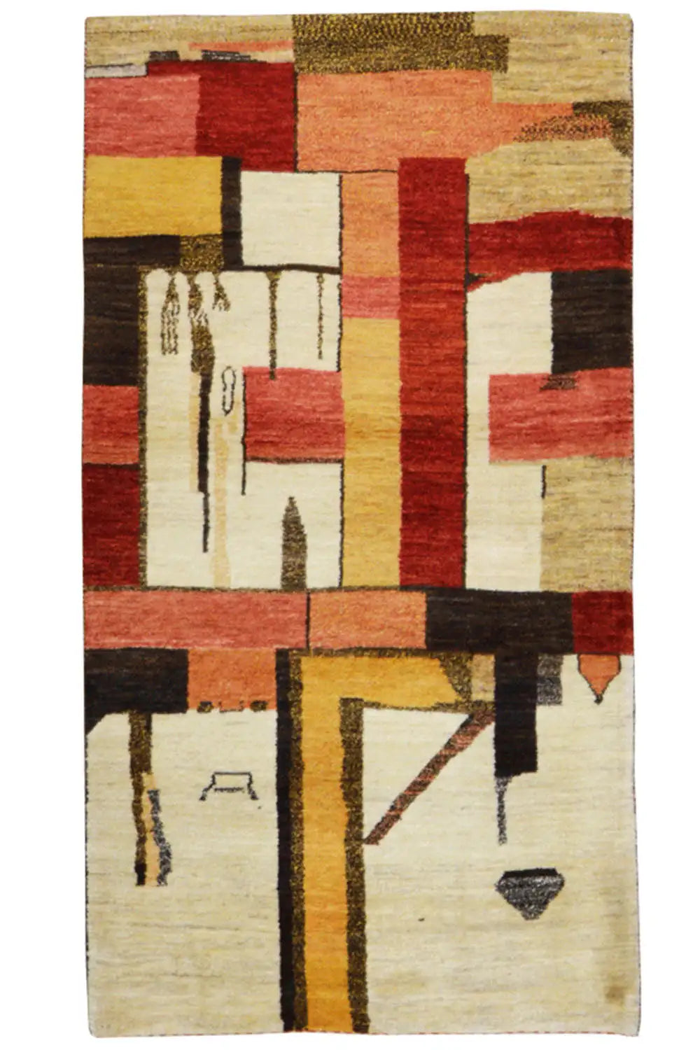 Gabbeh rug with an abstract rectangular pattern in shades of red, beige, and brown, 163×87 cm