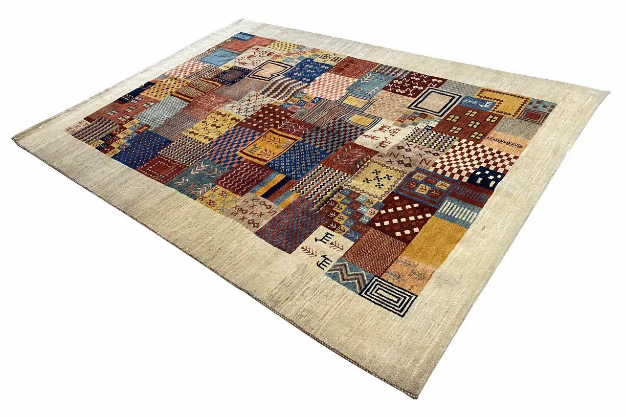 Rectangular “Lori” Gabbeh rug with multicolored patchwork and a textured surface
