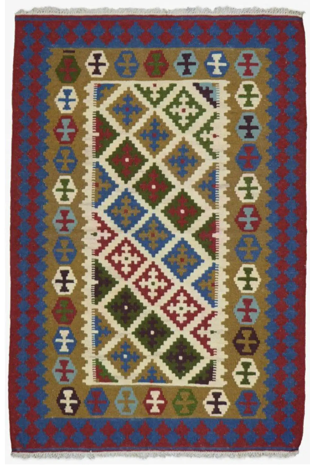 Rectangular kilim rug with a central diamond field, multicolored, framed.