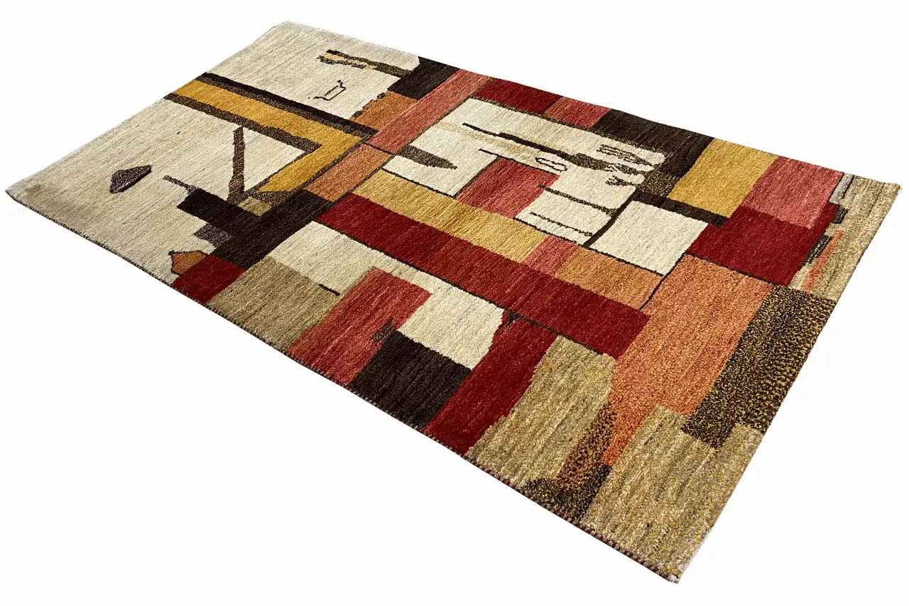 Gabbeh rug with abstract block patterns in red, brown, beige, and black, 163×87 cm