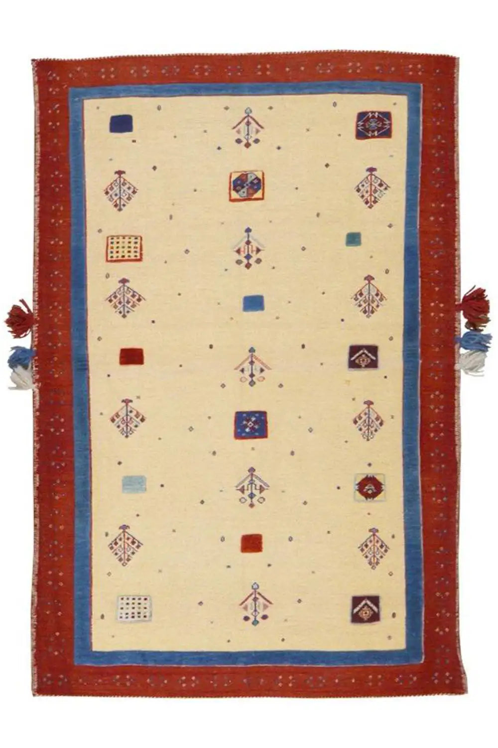 Soumak rug 15407: rectangular, beige with a red border, blue frame, and tassels