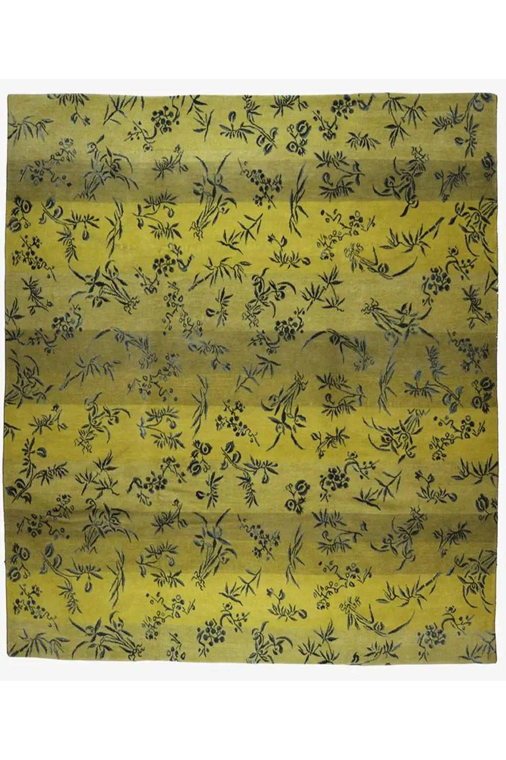 Designer rug in yellow with a greenish-dark botanical pattern, square view