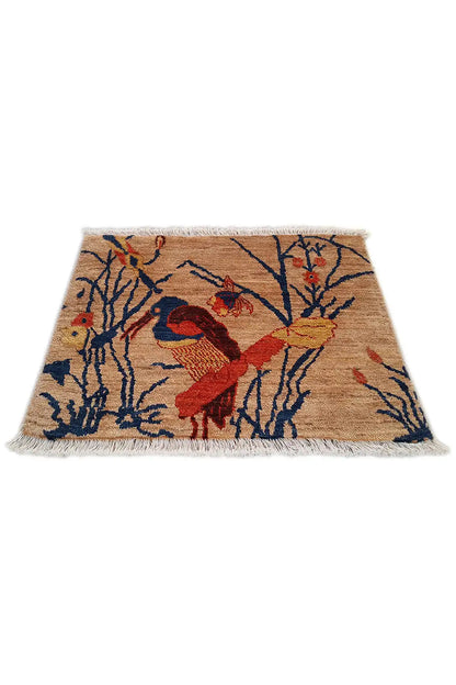 Rug 63x50 cm with a bird motif, blue branches, and a red-and-gold pattern, with fringes