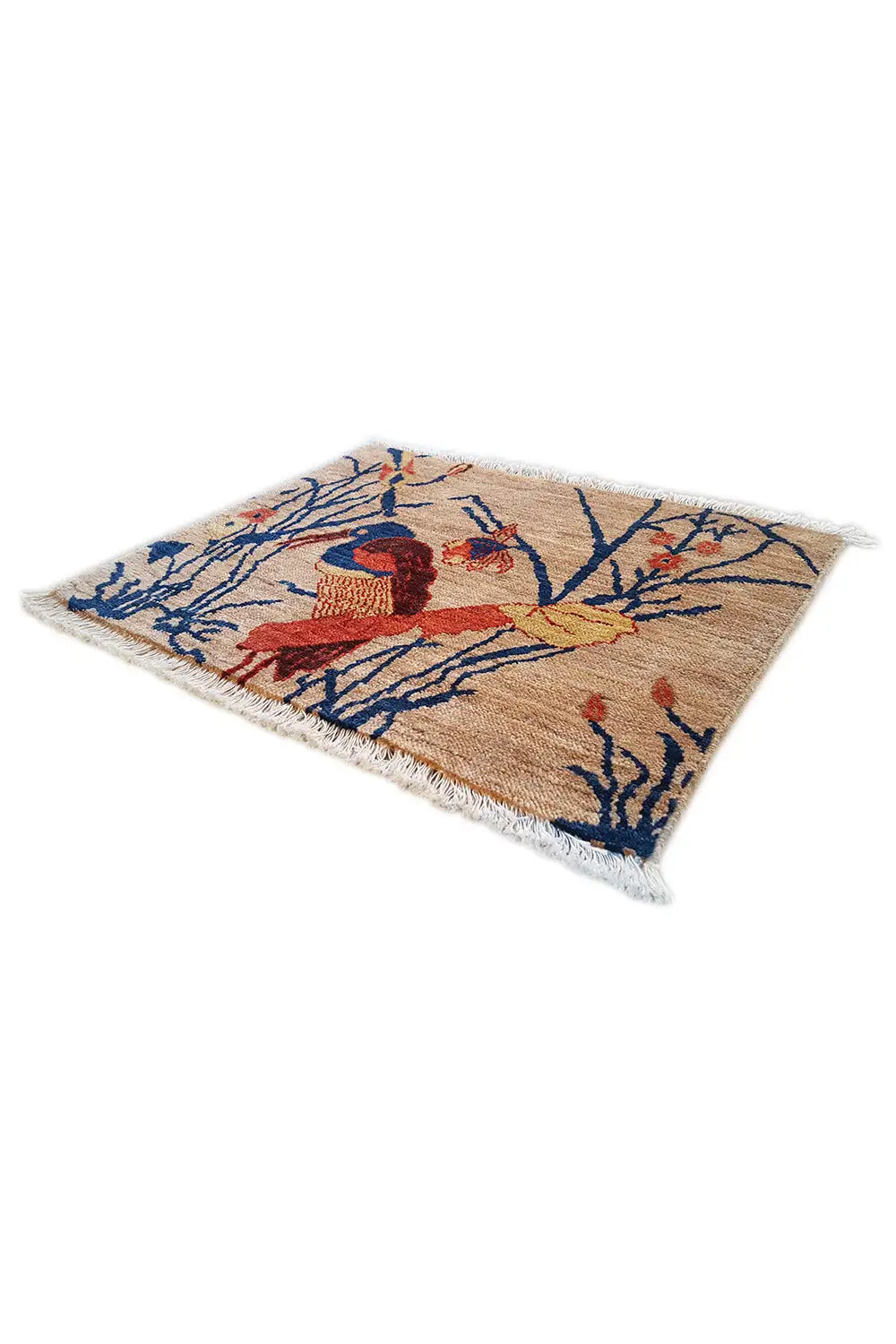 Rug 63x50 cm, lying flat, with a bird motif among blue plant branches