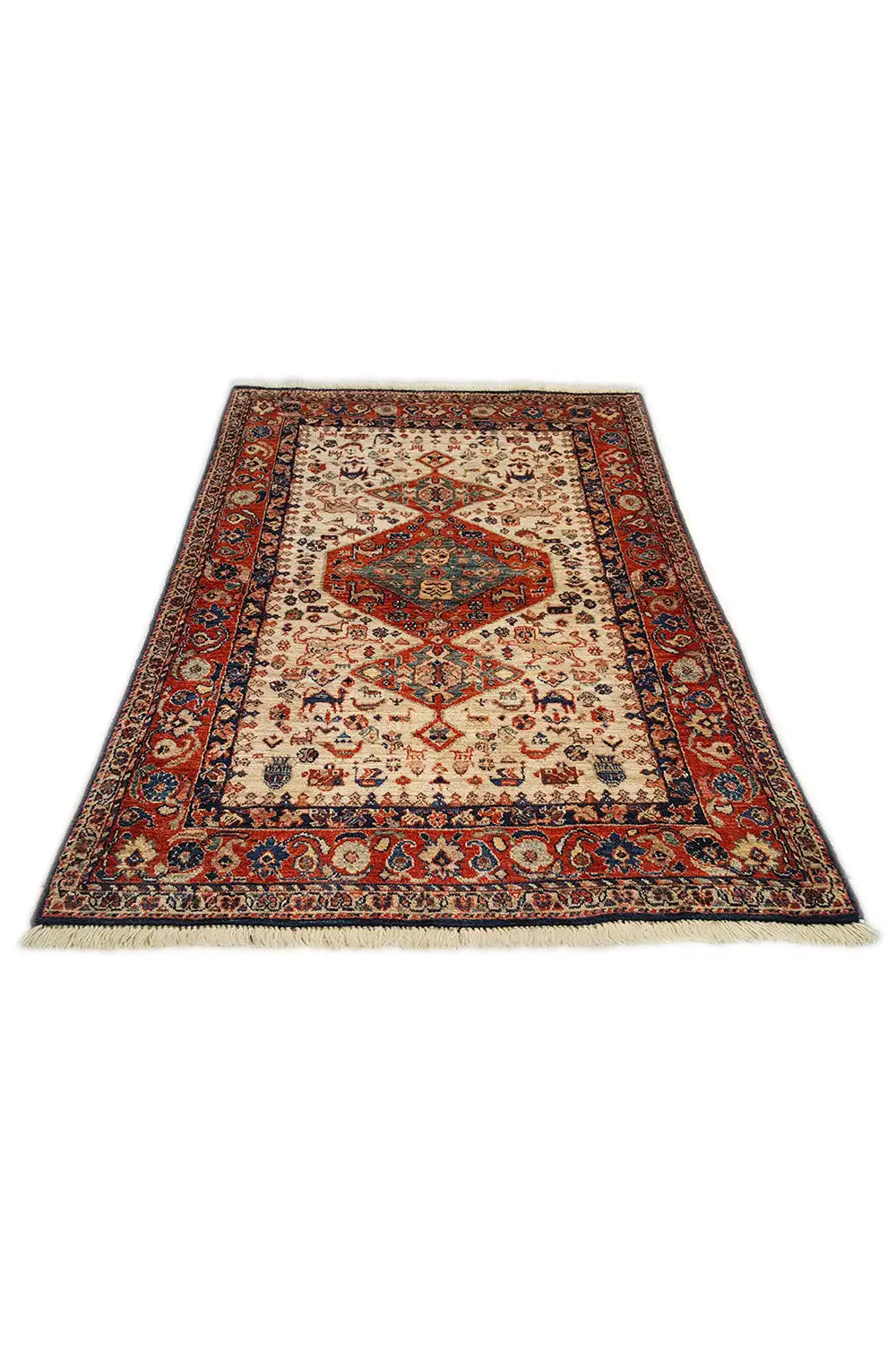 Exclusive Qashqai rug, cream-colored pattern with red and blue borders
